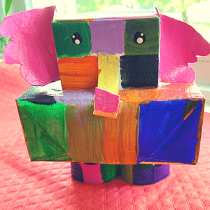 Recycled crafts for kids: Elephant made of boxes and painted with colourful squares