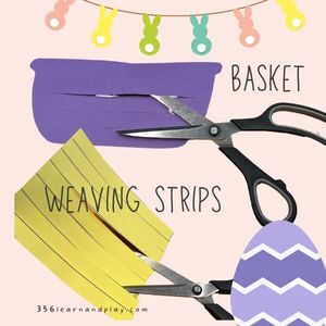 Step one shows scissors cutting horizontal slits in the Easter basket and vertical strips from paper