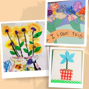 Spring play ideas - flower collage art. One picture has a banner that says "I love you"