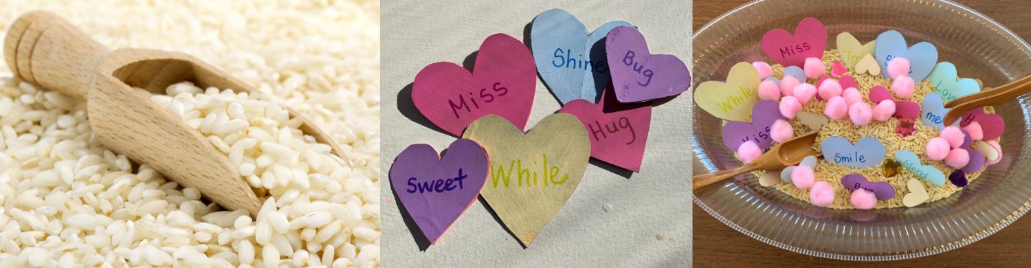 Sensory play with rhyming words: dry rice with scoop, hearts with rhyming words, sensory tray for play